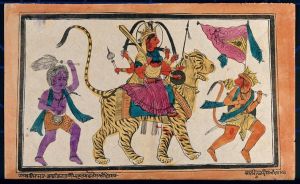 Durga on a tiger with Karthikeya and Hanuman.jpg