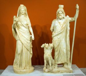 Persephone as Isis and Pluto as Sarapis with Cerberus.jpg